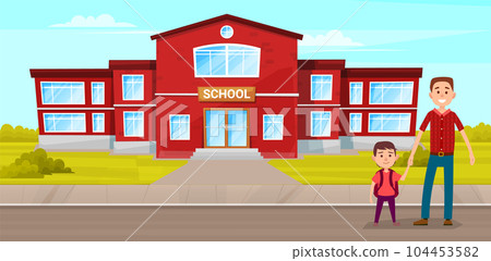 Father is taking his child to school. Dad and son are standing near educational institution by hand Father is taking his child to school. Dad and son are standing near educational institution by hand 104453582
