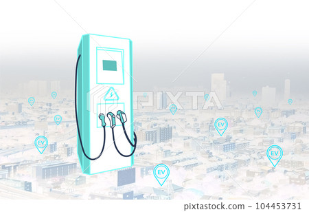 Electric car charging station with cityscape and charging points icon on the background 104453731