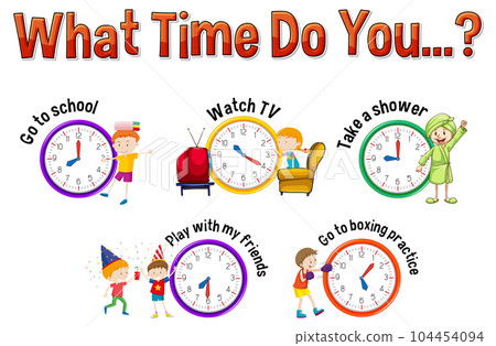 Daily routine with time and cartoon characters 104454094