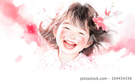 一個微笑的小女孩的水彩插圖“AI 生成圖像” 104454336