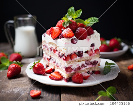 Strawberry tiramisu dessert with mascarpone and whipped cream, Italian cheesecake dessert, pudding or berry trifle cake. Generative AI 104455166