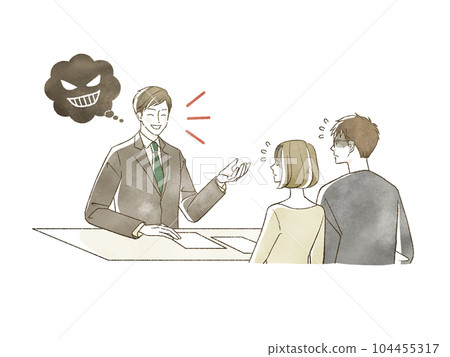 Men and women in trouble with unscrupulous salesmen Men and women in trouble with unscrupulous salesmen 104455317