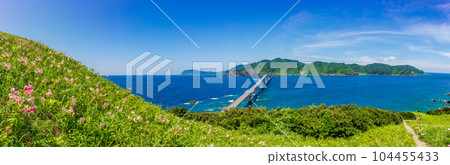 鹿兒島縣越木島_從都靈栖山天文台看到的越木島大橋,清澈的海水和中越島島,美麗的仲夏雲 鹿兒島縣越木島_從都靈栖山天文台看到的越木島大橋,清澈的海水和中越島島,美麗的仲夏雲 104455433