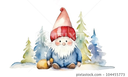 Watercolor illustration, cute Swedish Scandinavian Christmas gnome nisse, tomte, with a big red hat and white beard, in the style of Danish design, Christmas background. AI generated 104455773
