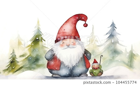 Watercolor illustration, cute Swedish Scandinavian Christmas gnome nisse, tomte, with a big red hat and white beard, in the style of Danish design, Christmas background. AI generated Watercolor illustration, cute Swedish Scandinavian Christmas gnome nisse, tomte, with a big red hat and white beard, in the style of Danish design, Christmas background. AI generated 104455774