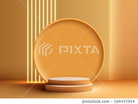 Modern Yellow Color Podium and Circle Backdrop with Neon Light. Interior Concept Showcase Modern Yellow Color Podium and Circle Backdrop with Neon Light. Interior Concept Showcase 104455954