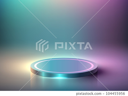 Vibrant Neon Color Podium Stand in a Modern Studio Room. 3D Realistic Tech Concept Vibrant Neon Color Podium Stand in a Modern Studio Room. 3D Realistic Tech Concept 104455956