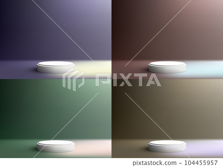 Set 3D realistic empty white podium stand studio room on colors background with lighting Set 3D realistic empty white podium stand studio room on colors background with lighting 104455957