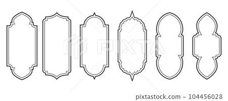 Ramadhan frame shapes. Outline vector islamic arch and door. Muslim ornament label. Design elements isolated on white background. Traditional vintage symbols for decoration 104456028
