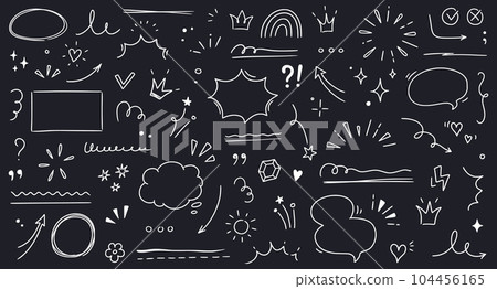 Line highlight brush, text emphasis, underline brush on chalkboard background. Hand drawn scribble highlight, arrow, star sparkle. Text underline drawn, cloud speech bubble. Vector Line highlight brush, text emphasis, underline brush on chalkboard background. Hand drawn scribble highlight, arrow, star sparkle. Text underline drawn, cloud speech bubble. Vector 104456165