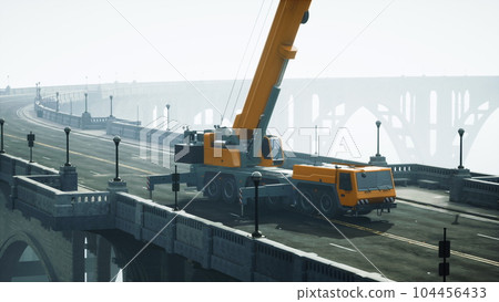 big auto crane on the bridge under constraction big auto crane on the bridge under constraction 104456433