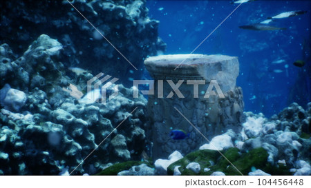 sunken remnants of old civilization coated in algae and coral on sea bed 104456448