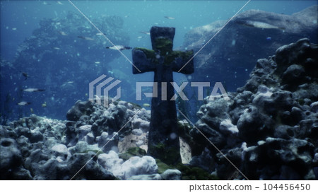 Crosses underwater in sunken cemetery on bottom of volcanic origin in Atlantic 104456450