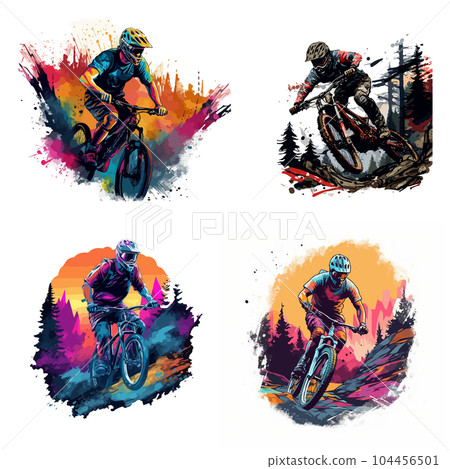 Several mountain bikers on the background of the mountains. For your logo or sticker design Several mountain bikers on the background of the mountains. For your logo or sticker design 104456501