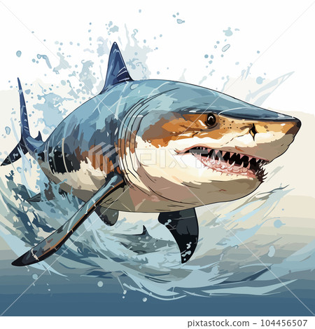Drawing of a huge shark in waves and splashes of water. For your design 104456507