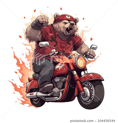 Cartoon drawing of a menacing biker bear on a motorcycle on a white background Cartoon drawing of a menacing biker bear on a motorcycle on a white background 104456544
