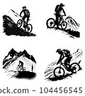 Black and white drawing of sportsmen on mountain bikes on a white background. For your design 104456545