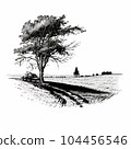 Black and white drawing of a landscape with a tree and fields extending into the horizon 104456546