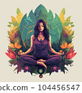 Beautiful girl in the lotus position on the background of flowers and leaves. For your design 104456547