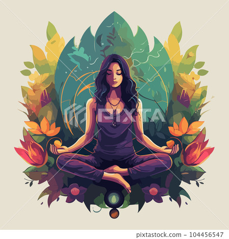 Beautiful girl in the lotus position on the background of flowers and leaves. For your design Beautiful girl in the lotus position on the background of flowers and leaves. For your design 104456547