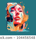 A beautiful girl looks out of the smartphone screen on a colored background. For your social media design 104456548
