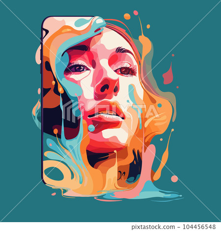 A beautiful girl looks out of the smartphone screen on a colored background. For your social media design A beautiful girl looks out of the smartphone screen on a colored background. For your social media design 104456548