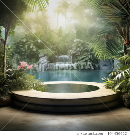 Stone platform pedestal in tropical forest for product presentation and green forest Stone platform pedestal in tropical forest for product presentation and green forest 104456622