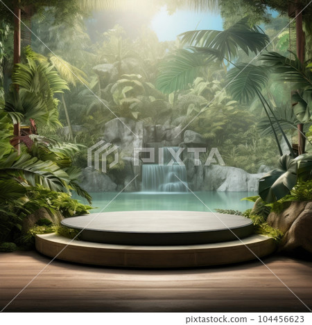Podium in outdoor waterfall green tropical forest nature background. Natural water product present placement pedestal counter display, spring summer jungle paradise concept. Podium in outdoor waterfall green tropical forest nature background. Natural water product present placement pedestal counter display, spring summer jungle paradise concept. 104456623