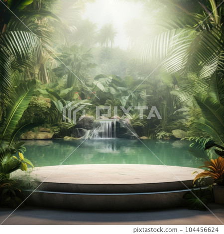 Pedestal on placed among an exotic jungle. Podium platform for product presentation. Summertime background. Pedestal on placed among an exotic jungle. Podium platform for product presentation. Summertime background. 104456624