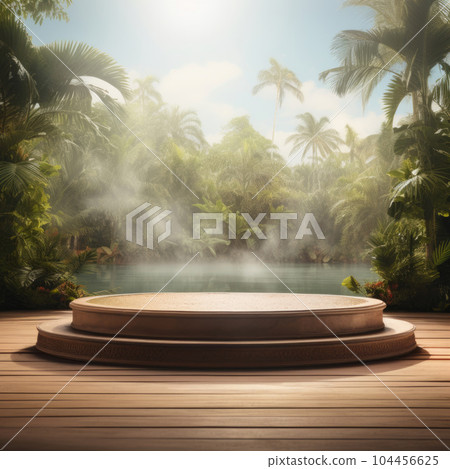 Floor podium in nature outdoors tropical forest garden green jungle plant background. Natural product present placement pedestal stand display, spring or summer concept. 104456625