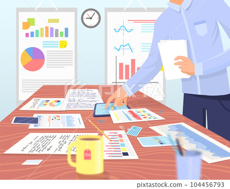 Employees analyze statistical indicators, business data. Characters work with marketing research 104456793