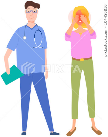 Girl suffering from pain in eyeballs. Woman with redness eyes on medical consultation with doctor Girl suffering from pain in eyeballs. Woman with redness eyes on medical consultation with doctor 104456816