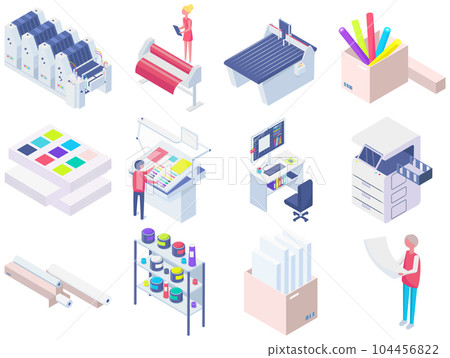 Set of equipment for work in printing. Copier, printer, paper cutter isolated on white background 104456822