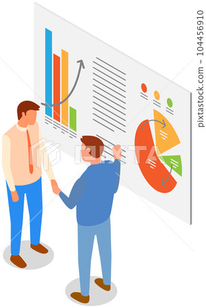 Employees analyze statistical indicators, business data. Characters work with marketing research 104456910