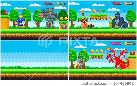 Set of illustrations on theme of pixel game, arcade about fights. Robots, cavemen and animals fight Set of illustrations on theme of pixel game, arcade about fights. Robots, cavemen and animals fight 104456948