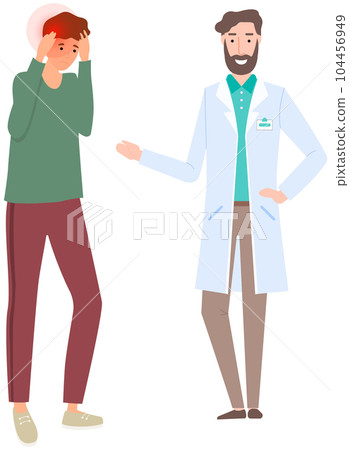 Patient complains to physician about headache. Man with pain in head in consultation with doctor 104456949