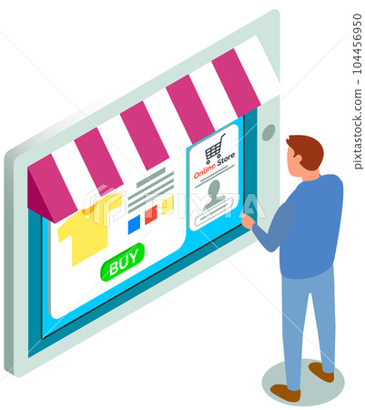 Man is using tablet with app for buying and ordering clothes. Male character is shopping online Man is using tablet with app for buying and ordering clothes. Male character is shopping online 104456950