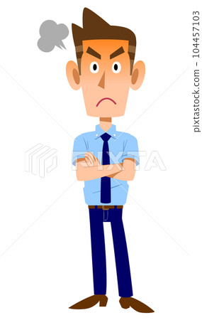 一個穿著短袖襯衫和領帶的男人，雙臂交叉而生氣 104457103