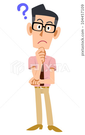 一個打著領帶、穿著短袖襯衫、戴著眼鏡的男人，心存疑慮 104457109