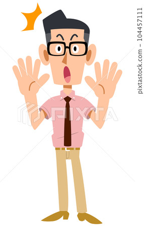 Surprised, a man in a short-sleeved shirt with glasses and a tie 104457111