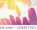 Surfboard and palm tree with blue sky on beach background. Travel adventure sport and summer vacation concept. Vintage tone filter effect color style. 104457321