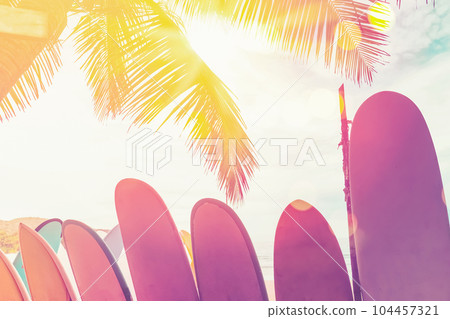 Surfboard and palm tree with blue sky on beach background. Travel adventure sport and summer vacation concept. Vintage tone filter effect color style. 104457321