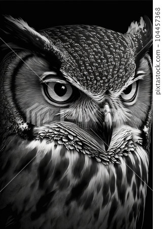 Wild owl in the forest. Black and white style, wildlife element. Generated AI. 104457368