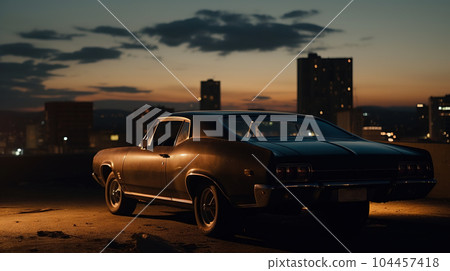 Vintage muscle car parked on the street at night. 80s styled synthwave retro scene with powerful drive in evening. Generated AI. 104457418