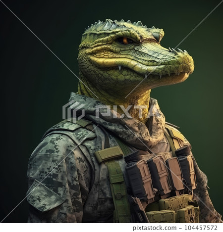 Portrait of a crocodile dressed in a tactical military outfit on a clean background. Reptile, Animals. Illustration, Generative AI. 104457572