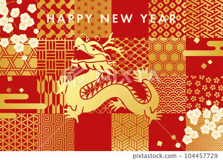 2024 年新年賀卡模板，龍和日本圖案（矢量插圖） 104457729