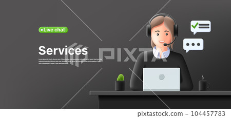 3d render illustration banner of online live chat support persone in front of laptop with headset on at working place, digital banner 3d render illustration banner of online live chat support persone in front of laptop with headset on at working place, digital banner 104457783
