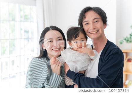 A smiling family of three spending time at home (family, childcare, childcare, baby) A smiling family of three spending time at home (family, childcare, childcare, baby) 104457824