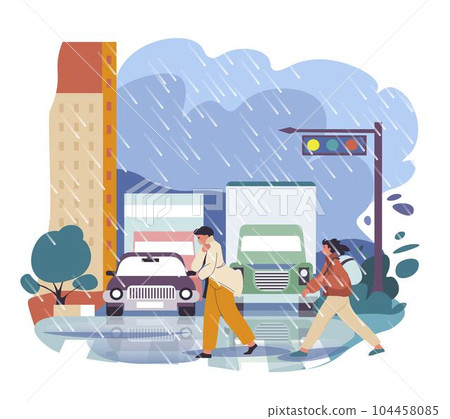 Bad weather conditions in city, downpour raining 104458085