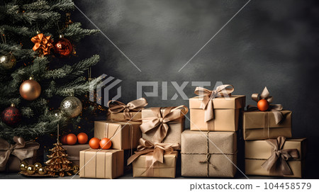 Christmas eco friendly packaging gifts with kraft paper, eco christmas holiday concept, eco decor , zero waste, copy space. AI generated Christmas eco friendly packaging gifts with kraft paper, eco christmas holiday concept, eco decor , zero waste, copy space. AI generated 104458579